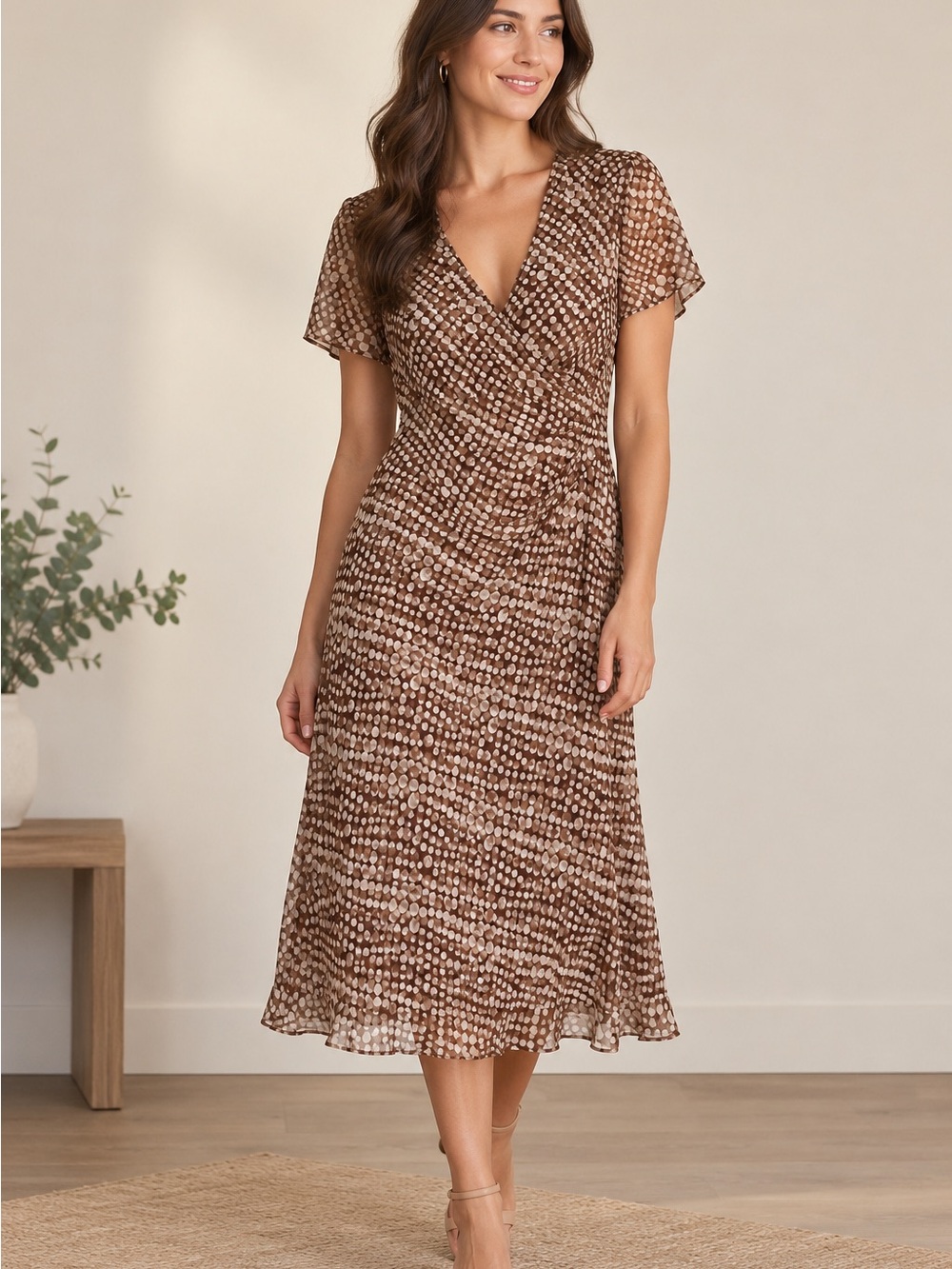 Brown Printed V-Neck Midi Dress